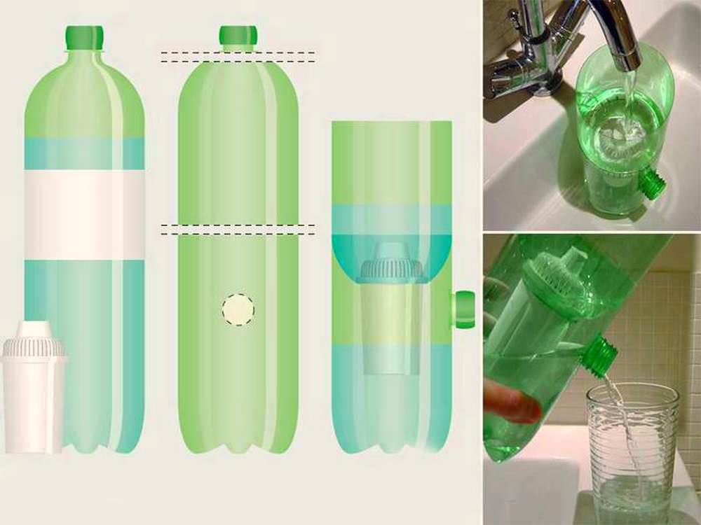 Для очистки минимальных объемов воды можно своими руками соорудить небольшой фильтр из пластиковых бутылок
