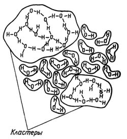 В жидкой воде молекулы H&lt;SUB&gt;2&lt;/SUB&gt;O могут объединяться в сложные образования - кластеры, по структуре напоминающие лед.