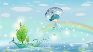 Превью обои вода, дождь, зонт, листья, лодка, мальчик, море, небо, парус, погода, природа, пузыри, радуга, рисунок, свет, тучи, фонари