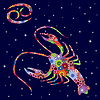 Знак зодиака Рак с цветами заполнения над звездным небом | Векторный клипарт