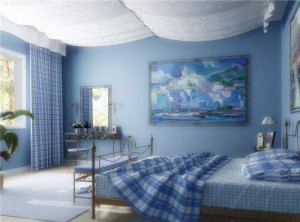 интерьер спальни в белом и синем цвете